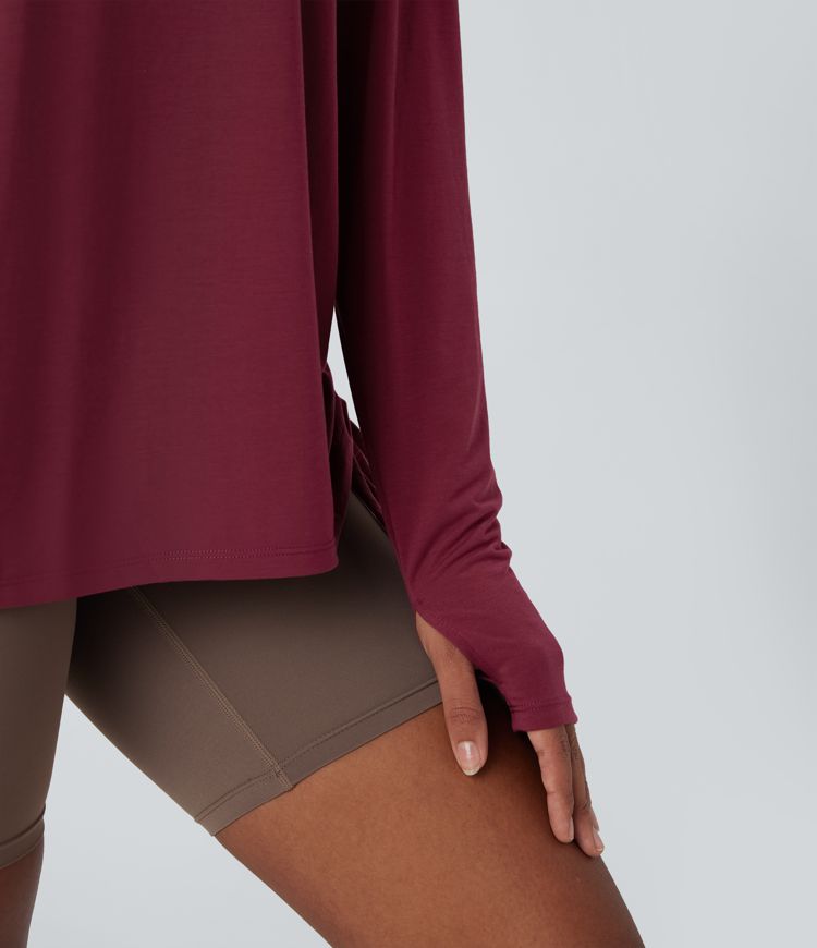Round Neck Long Sleeve Thumb Hole Drawstring Quick Dry Yoga Sports Top