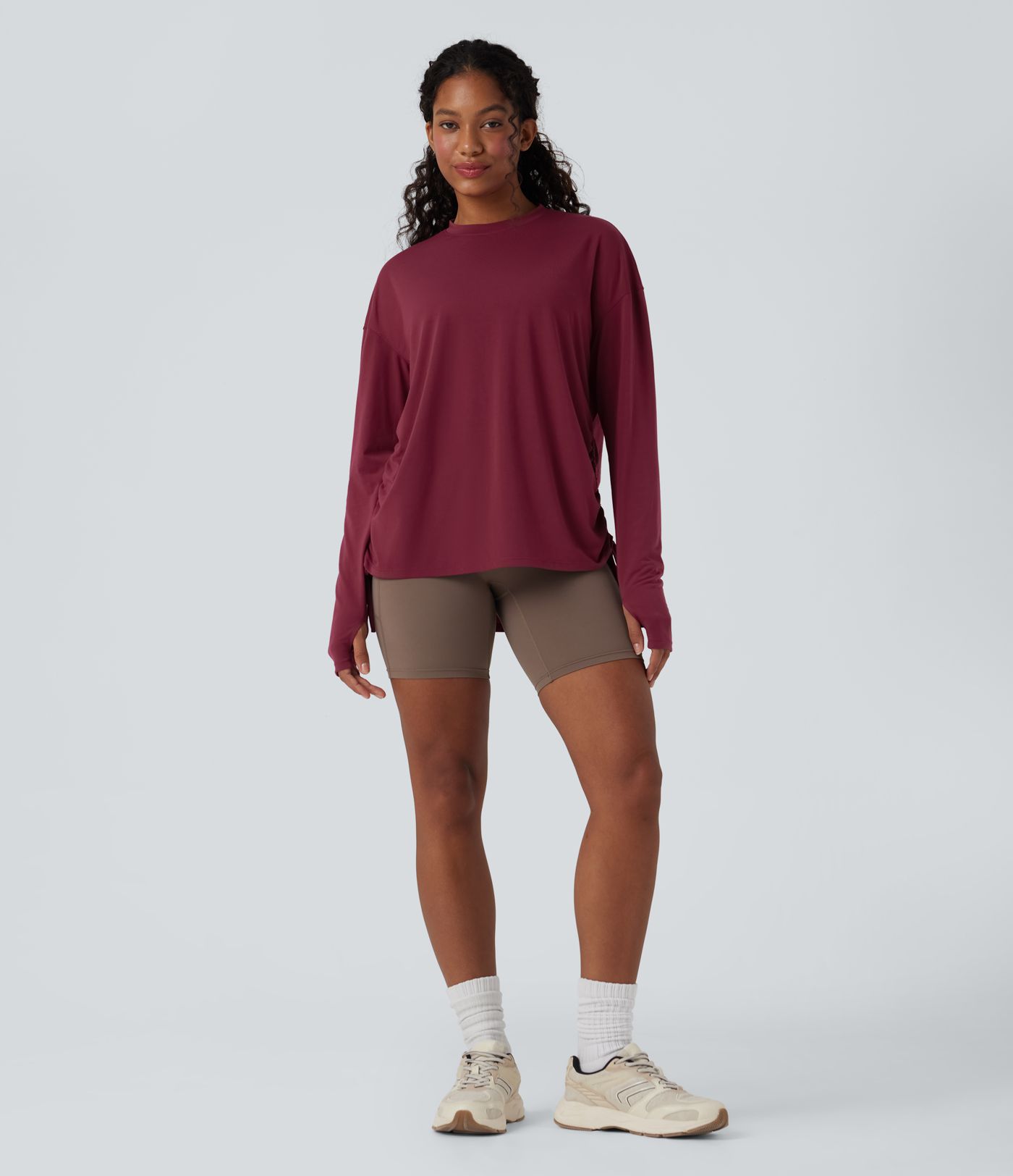 Round Neck Long Sleeve Thumb Hole Drawstring Quick Dry Yoga Sports Top