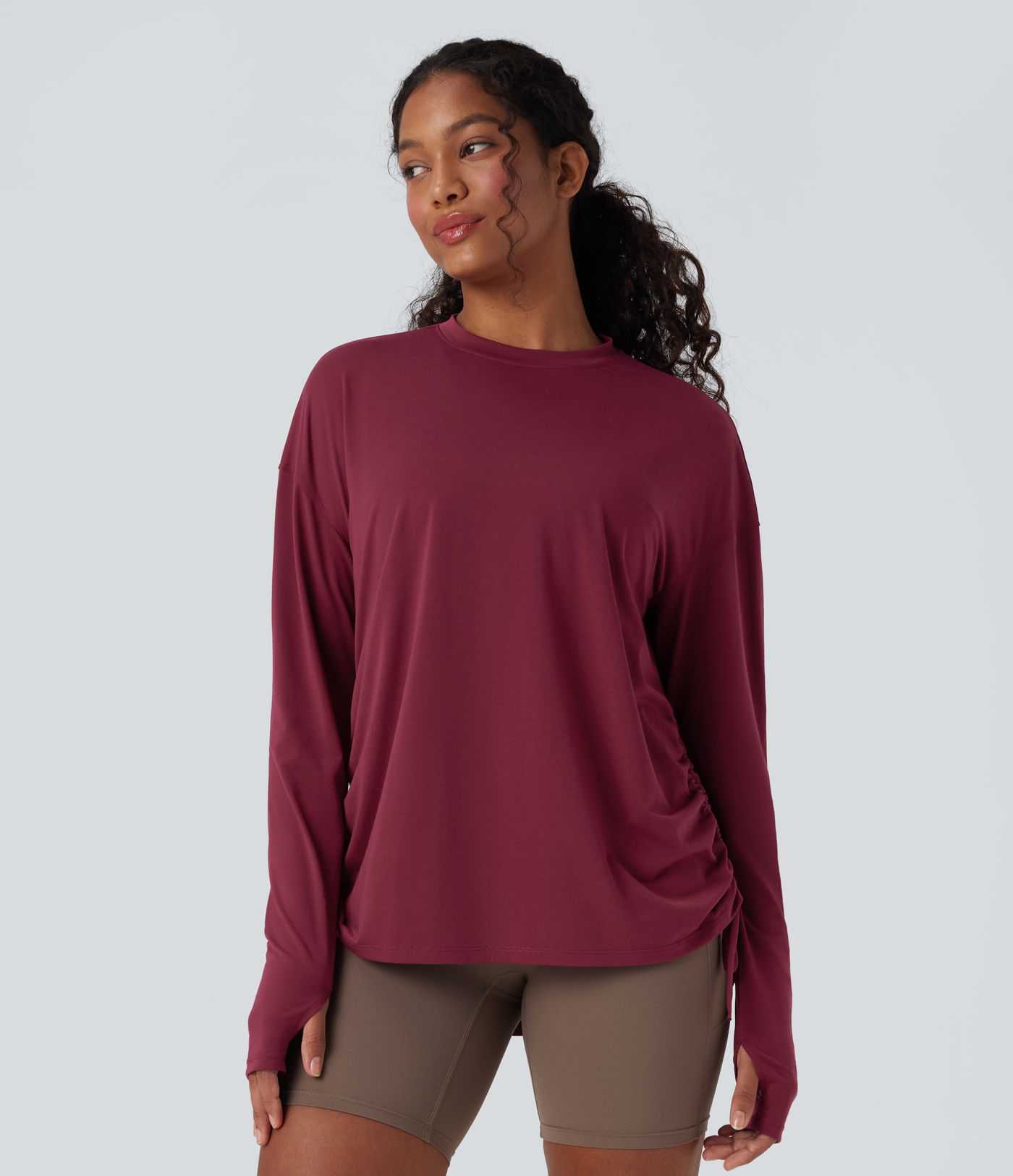Round Neck Long Sleeve Thumb Hole Drawstring Quick Dry Yoga Sports Top