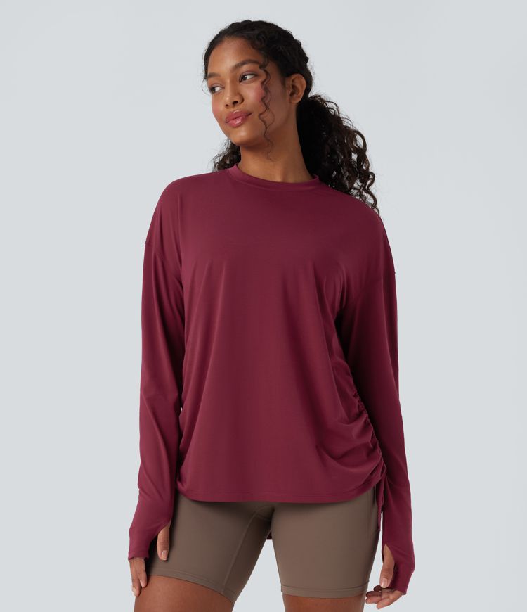 Round Neck Long Sleeve Thumb Hole Drawstring Quick Dry Yoga Sports Top