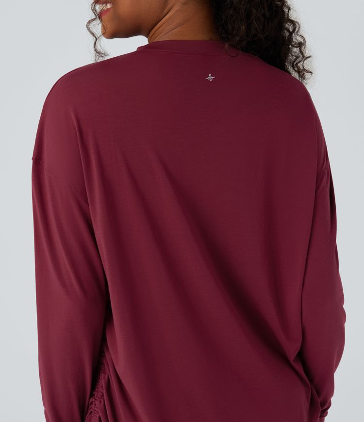 Round Neck Long Sleeve Thumb Hole Drawstring Quick Dry Yoga Sports Top