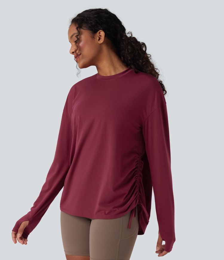 Round Neck Long Sleeve Thumb Hole Drawstring Quick Dry Yoga Sports Top