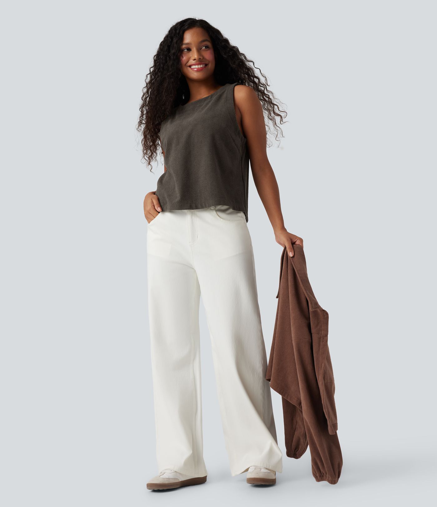 Round Neck Relaxed Corduroy Casual Tank Top