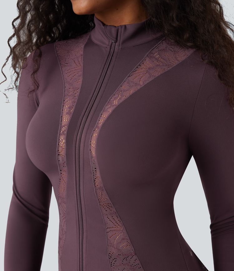 SoftlyZero™ Thumb Hole Contrast Lace Yoga Slim Jacket-UPF50+
