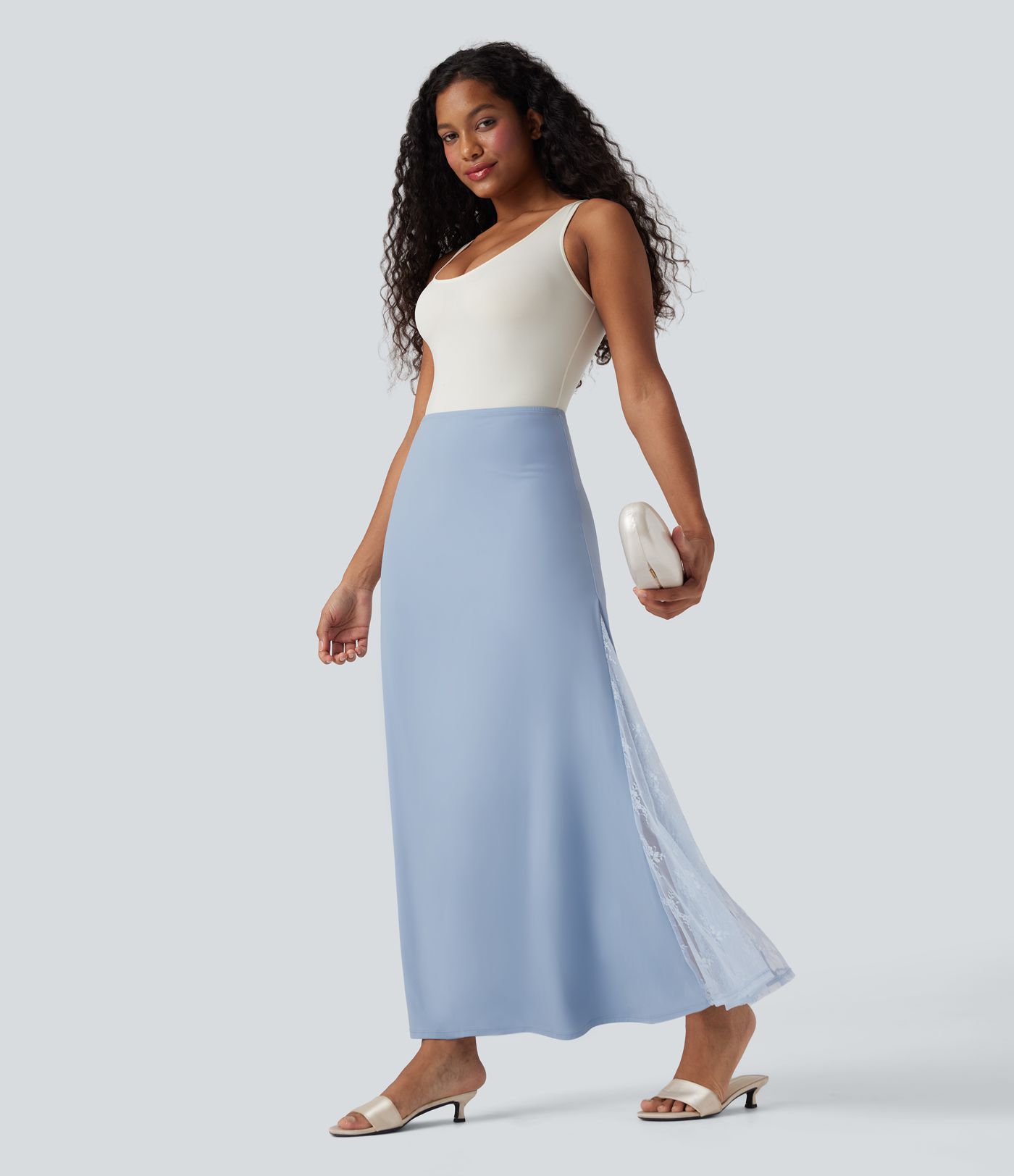 Jupe longue fluide SoftlyZero™ Airy taille haute dentelle contrastante toucher frais