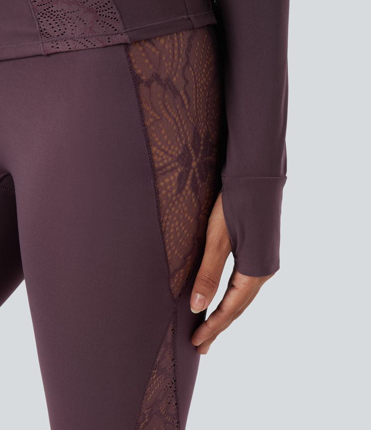 SoftlyZero™ Thumb Hole Contrast Lace Yoga Slim Jacket-UPF50+