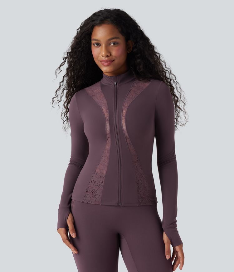 SoftlyZero™ Thumb Hole Contrast Lace Yoga Slim Jacket-UPF50+