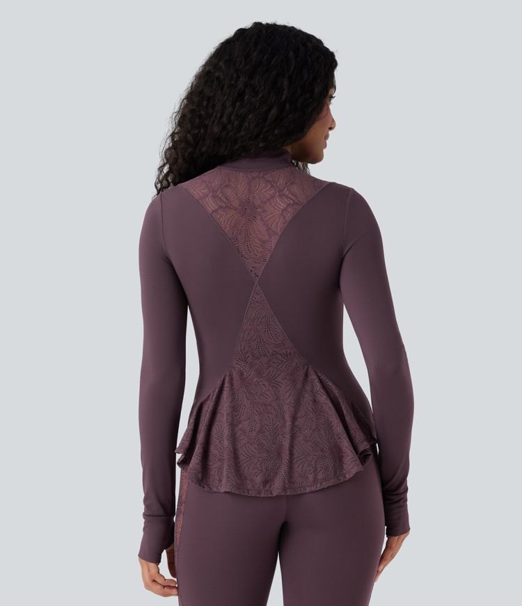 SoftlyZero™ Thumb Hole Contrast Lace Yoga Slim Jacket-UPF50+