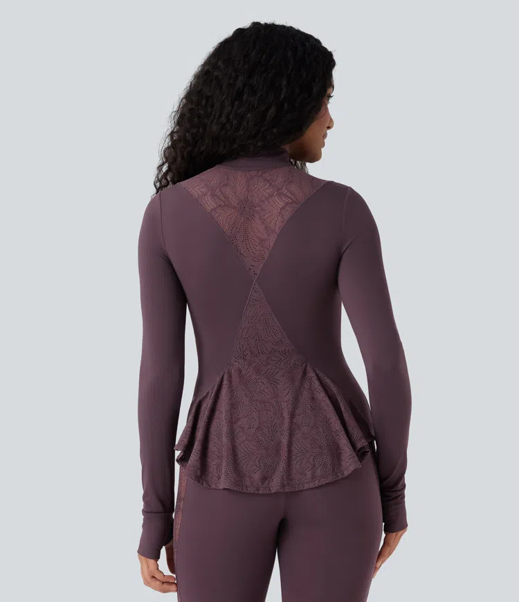 SoftlyZero™ - Schmale Yoga-Jacke mit Daumenlöchern und kontrastierender Spitze - UPF50+