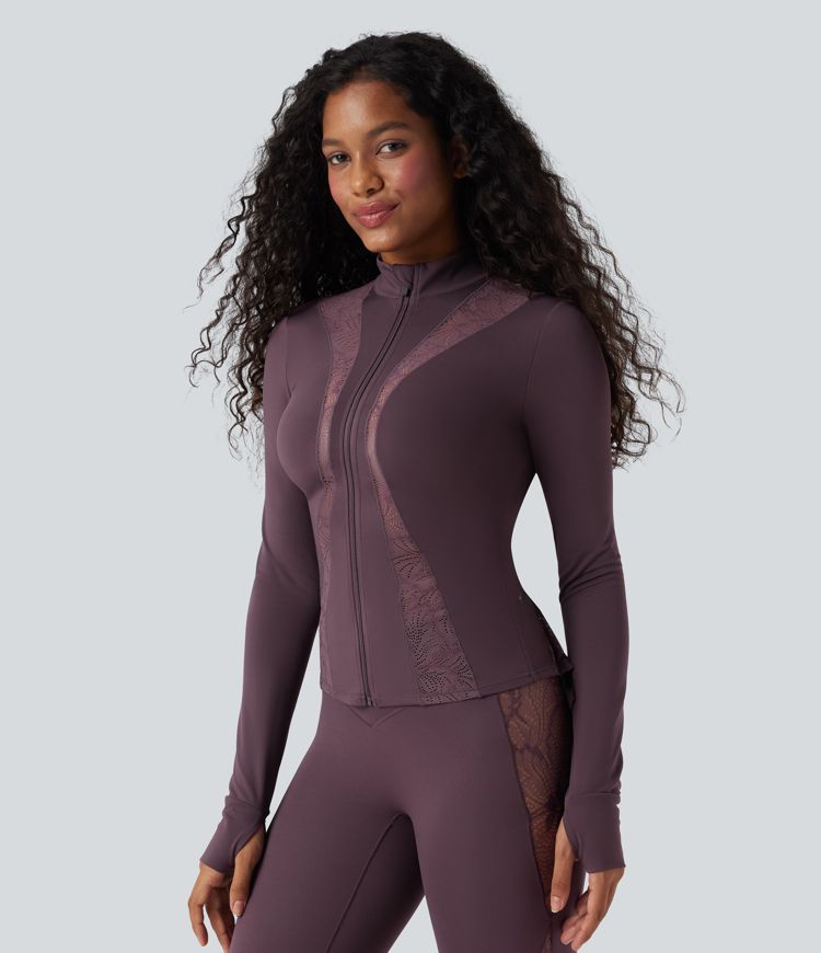 SoftlyZero™ Thumb Hole Contrast Lace Yoga Slim Jacket-UPF50+