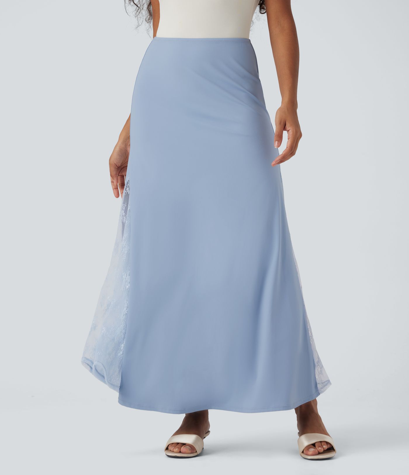 Jupe longue fluide SoftlyZero™ Airy taille haute dentelle contrastante toucher frais