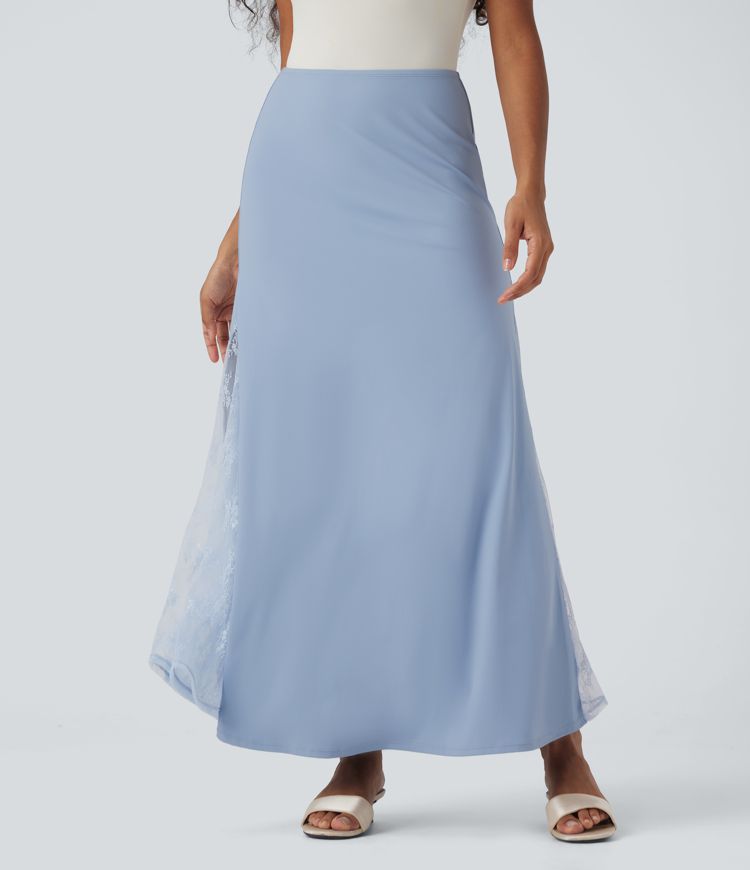 SoftlyZero™ Airy High Waisted Contrast Lace Flowy Cool Touch Maxi Skirt