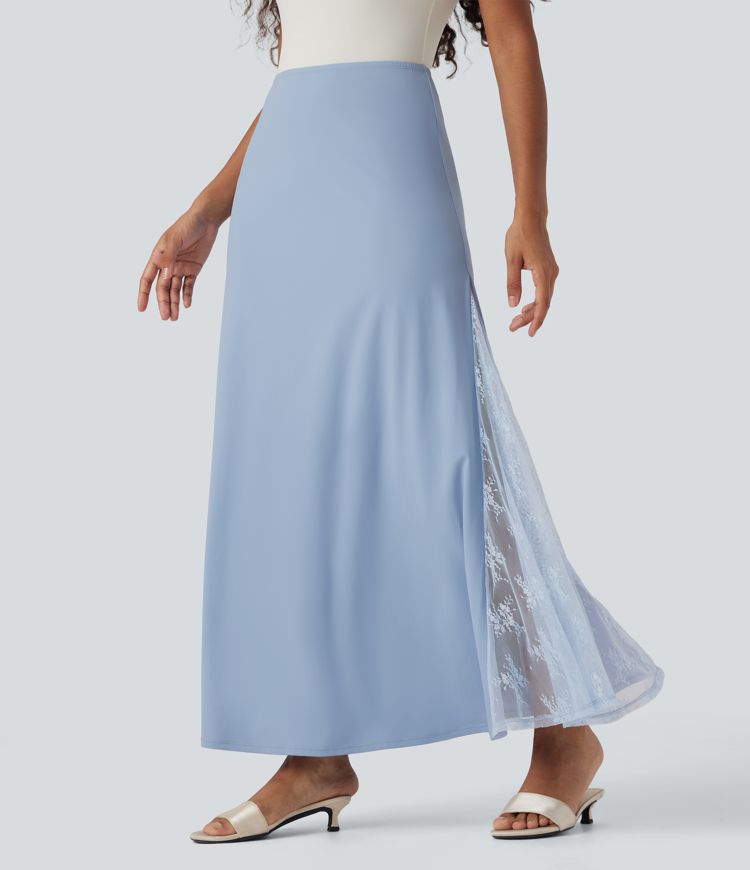 SoftlyZero™ Airy High Waisted Contrast Lace Flowy Cool Touch Maxi Skirt