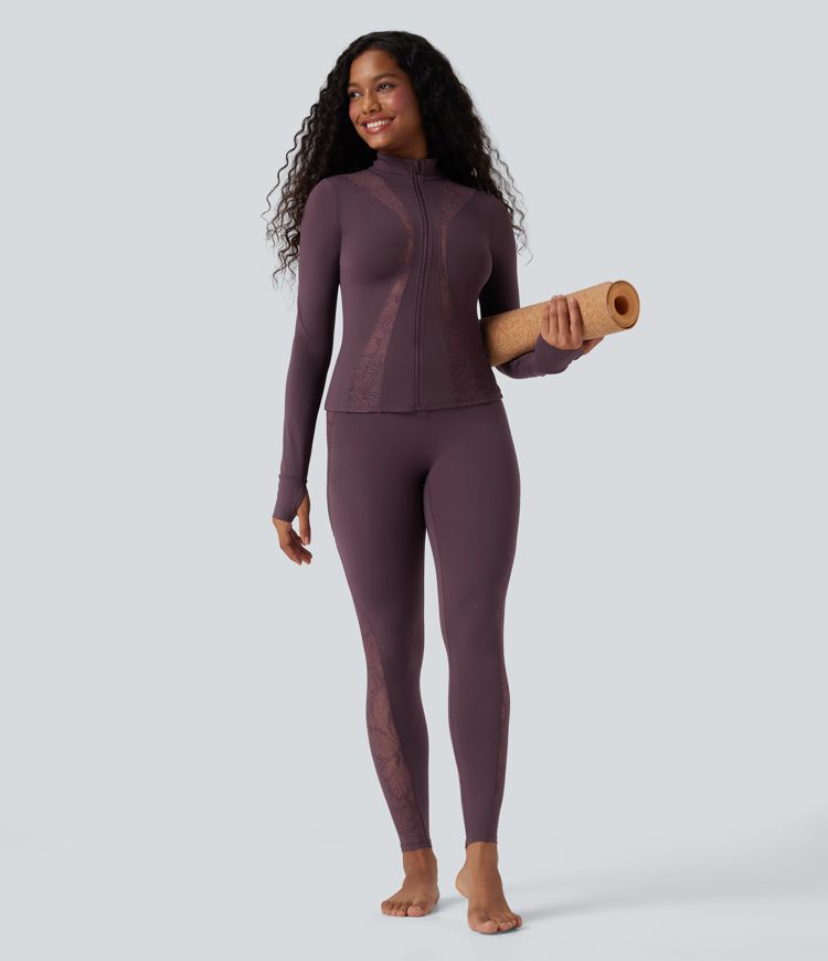 SoftlyZero™ Thumb Hole Contrast Lace Yoga Slim Jacket-UPF50+