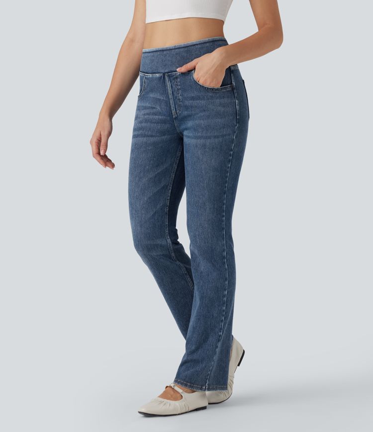 Halara Flex™ High Waisted Tummy Control Washed Stretchy Knit Casual Bootcut Jeans with Pockets