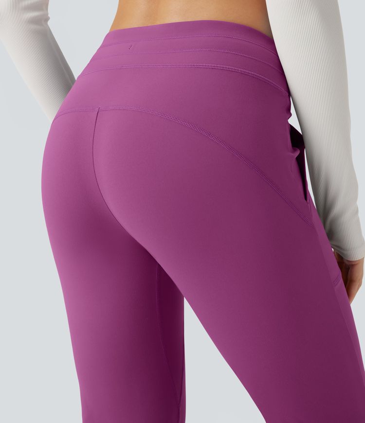 Mid Rise Drawstring Slim Casual Flare Pants with Pockets