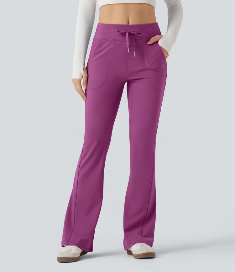 Mid Rise Drawstring Slim Casual Flare Pants with Pockets