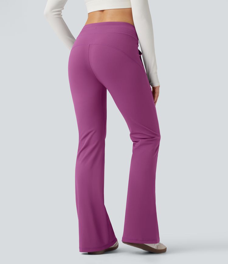 Mid Rise Drawstring Slim Casual Flare Pants with Pockets