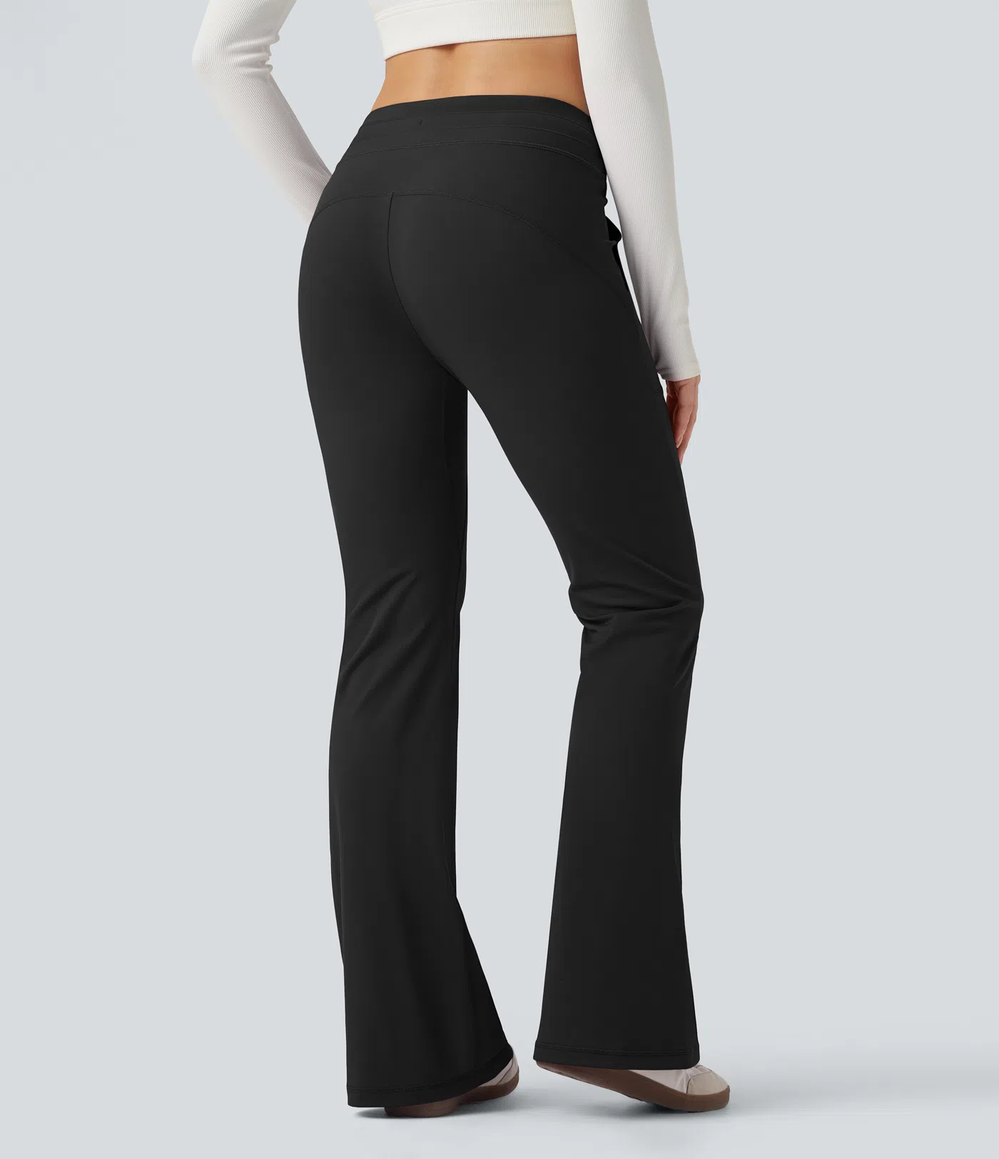 Mid Rise Drawstring Slim Casual Flare Pants with Pockets