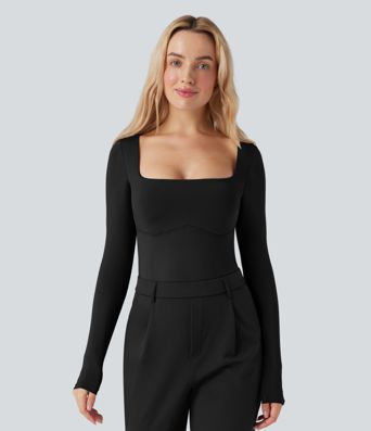 Square Neck Long Sleeve Built-in Bra Skinny Work Bodysuit
