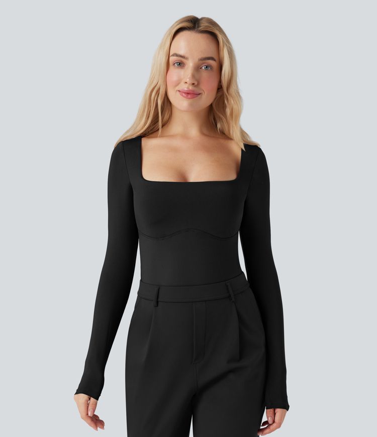 Square Neck Long Sleeve Built-in Bra Skinny Work Bodysuit