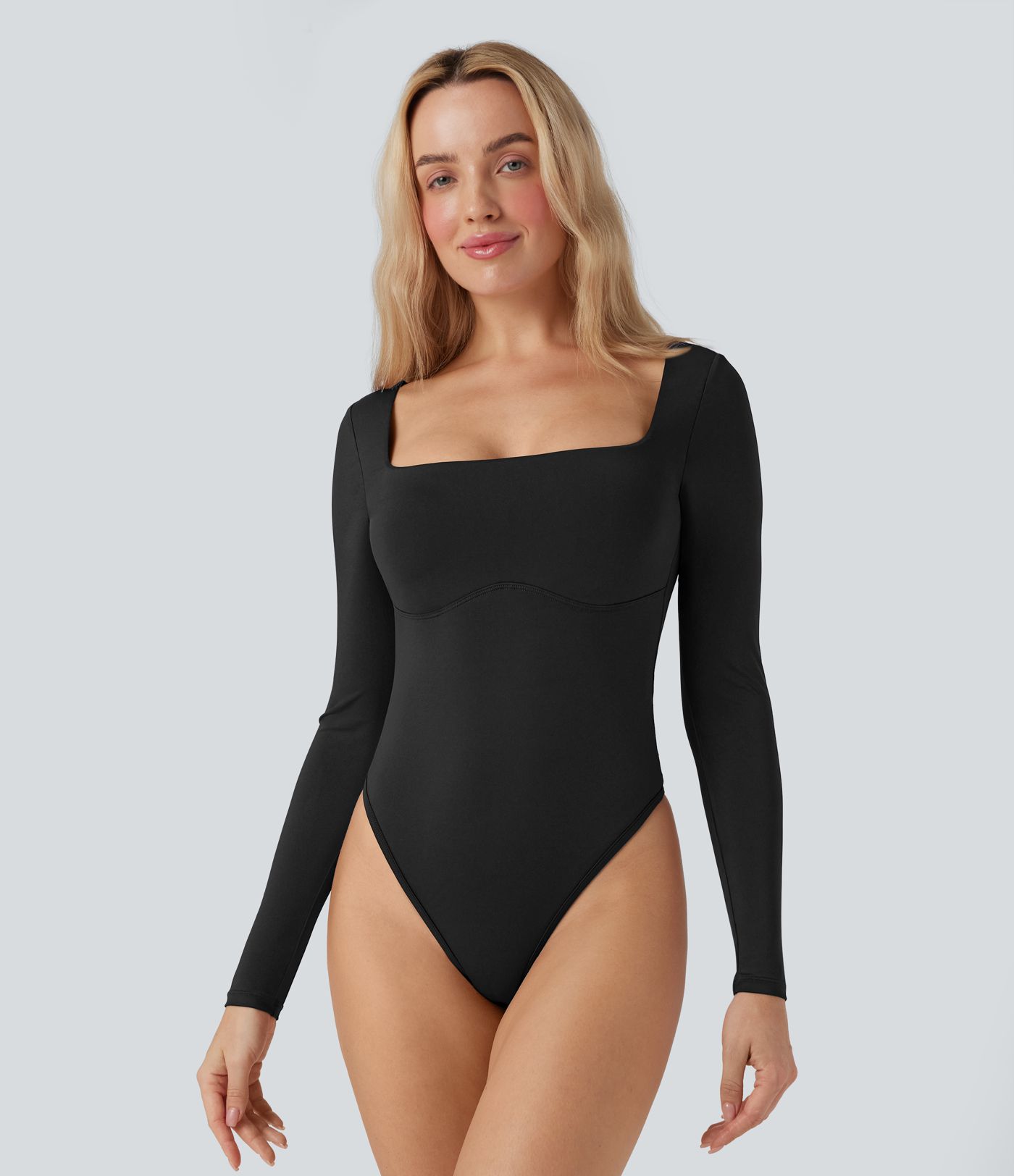 Square Neck Long Sleeve Built-in Bra Skinny Work Bodysuit