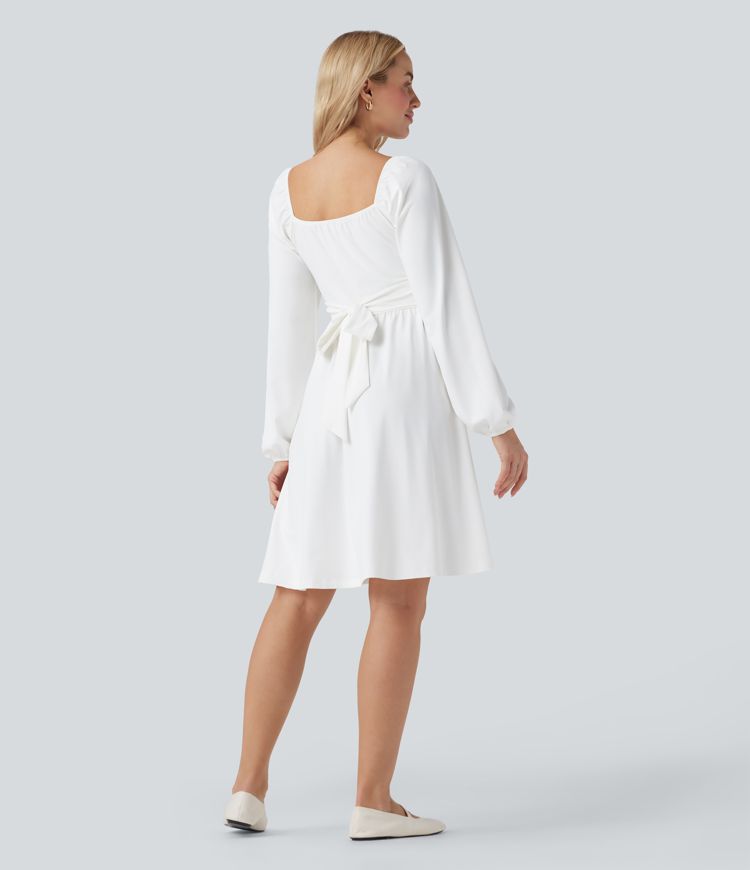 Square Neck Long Sleeve Lace Up Corset Tie Back Mini Casual Dress