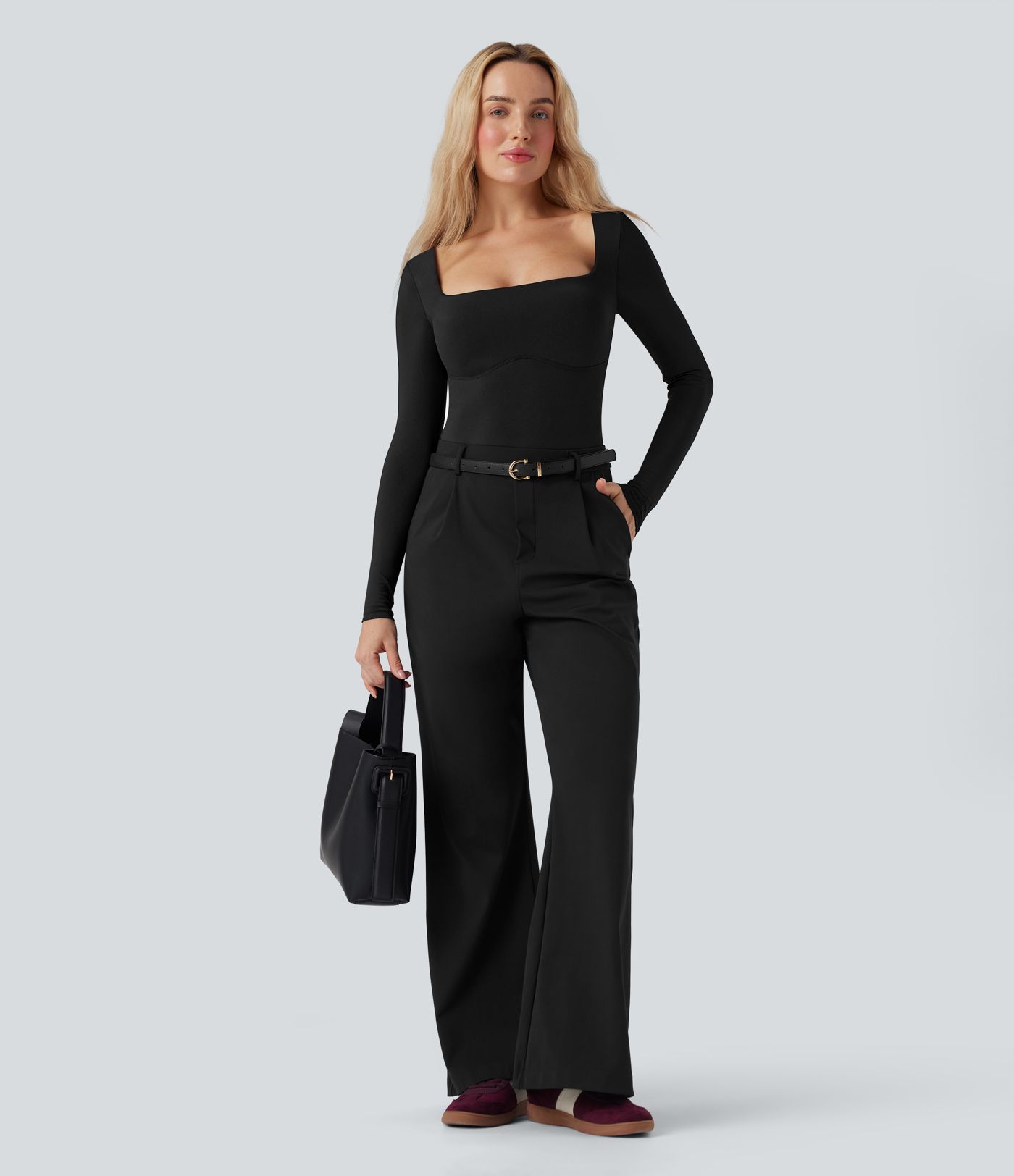 Square Neck Long Sleeve Built-in Bra Skinny Work Bodysuit