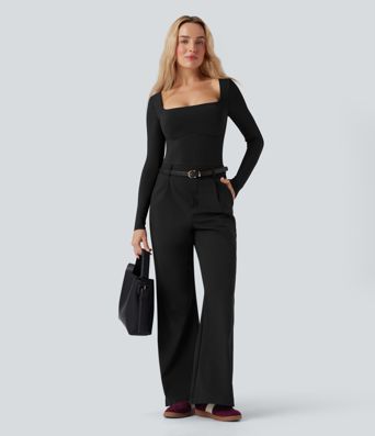 Square Neck Long Sleeve Built-in Bra Skinny Work Bodysuit