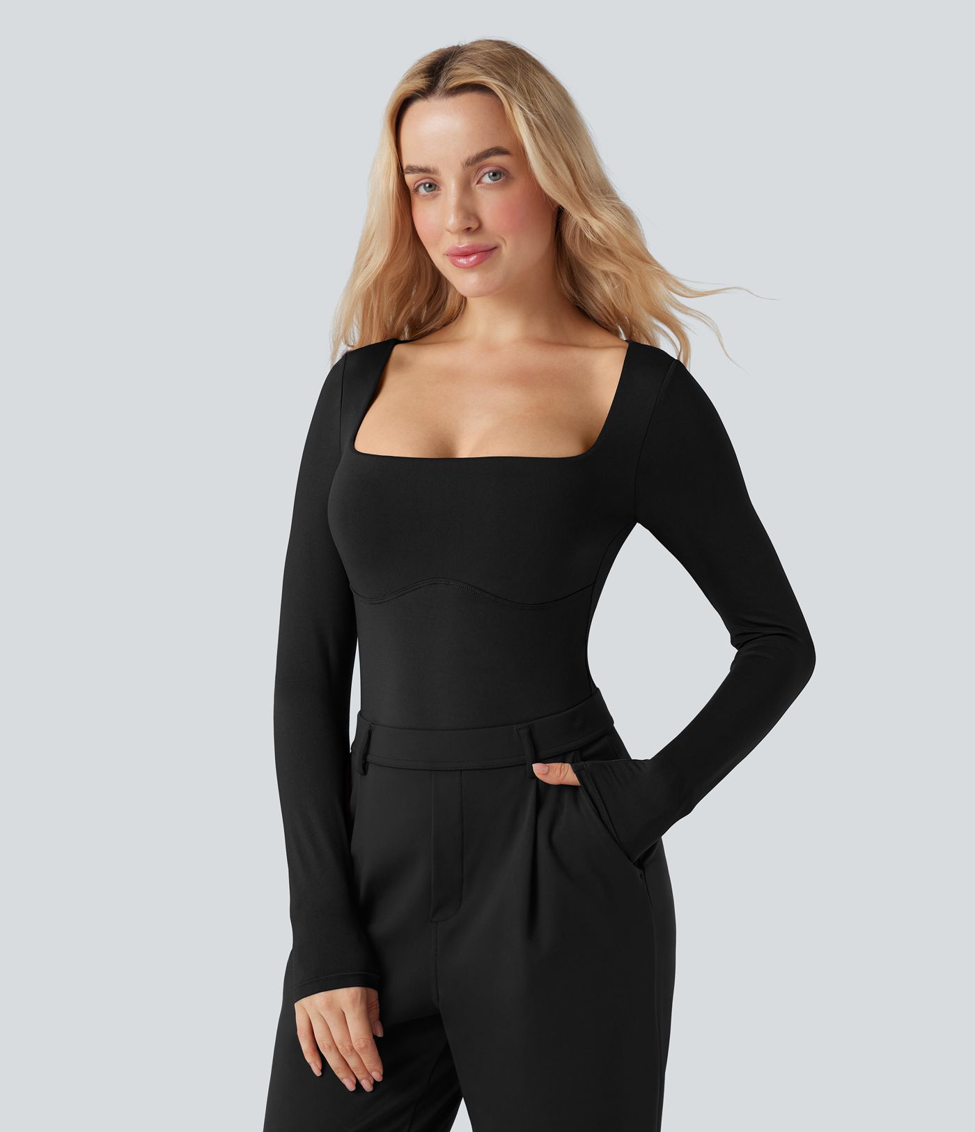Square Neck Long Sleeve Built-in Bra Skinny Work Bodysuit