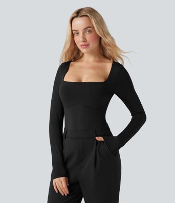 Square Neck Long Sleeve Built-in Bra Skinny Work Bodysuit