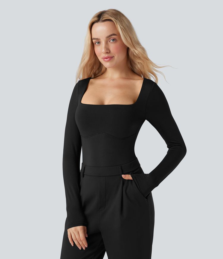 Square Neck Long Sleeve Built-in Bra Skinny Work Bodysuit
