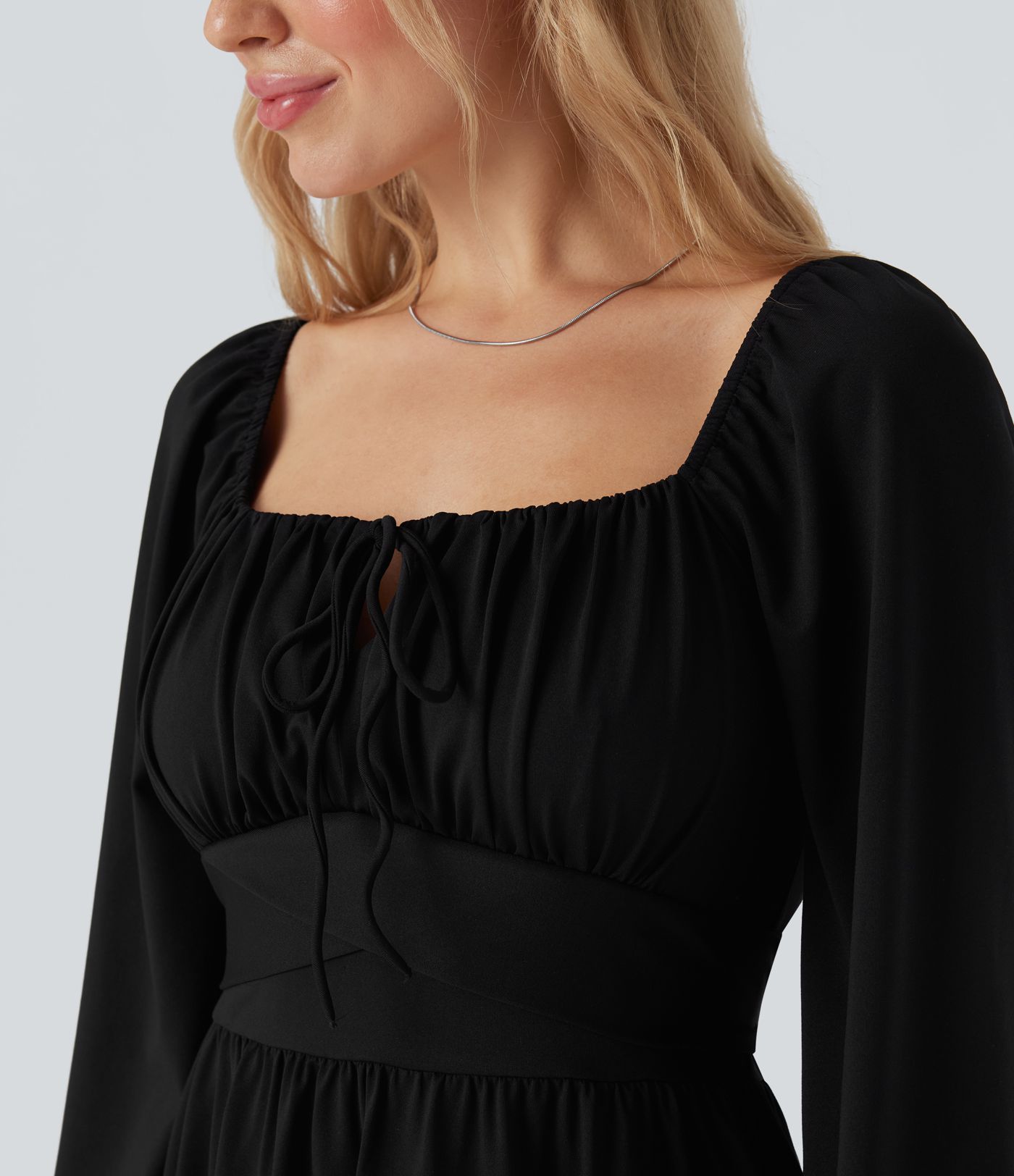 Square Neck Long Sleeve Lace Up Corset Tie Back Mini Casual Dress