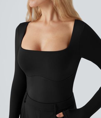 Square Neck Long Sleeve Built-in Bra Skinny Work Bodysuit