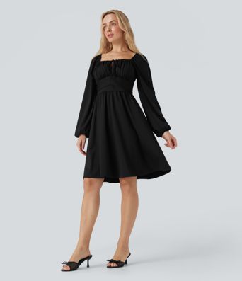 Square Neck Long Sleeve Lace Up Corset Tie Back Mini Casual Dress