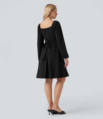 Square Neck Long Sleeve Lace Up Corset Tie Back Mini Casual Dress