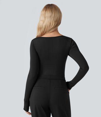 Square Neck Long Sleeve Built-in Bra Skinny Work Bodysuit