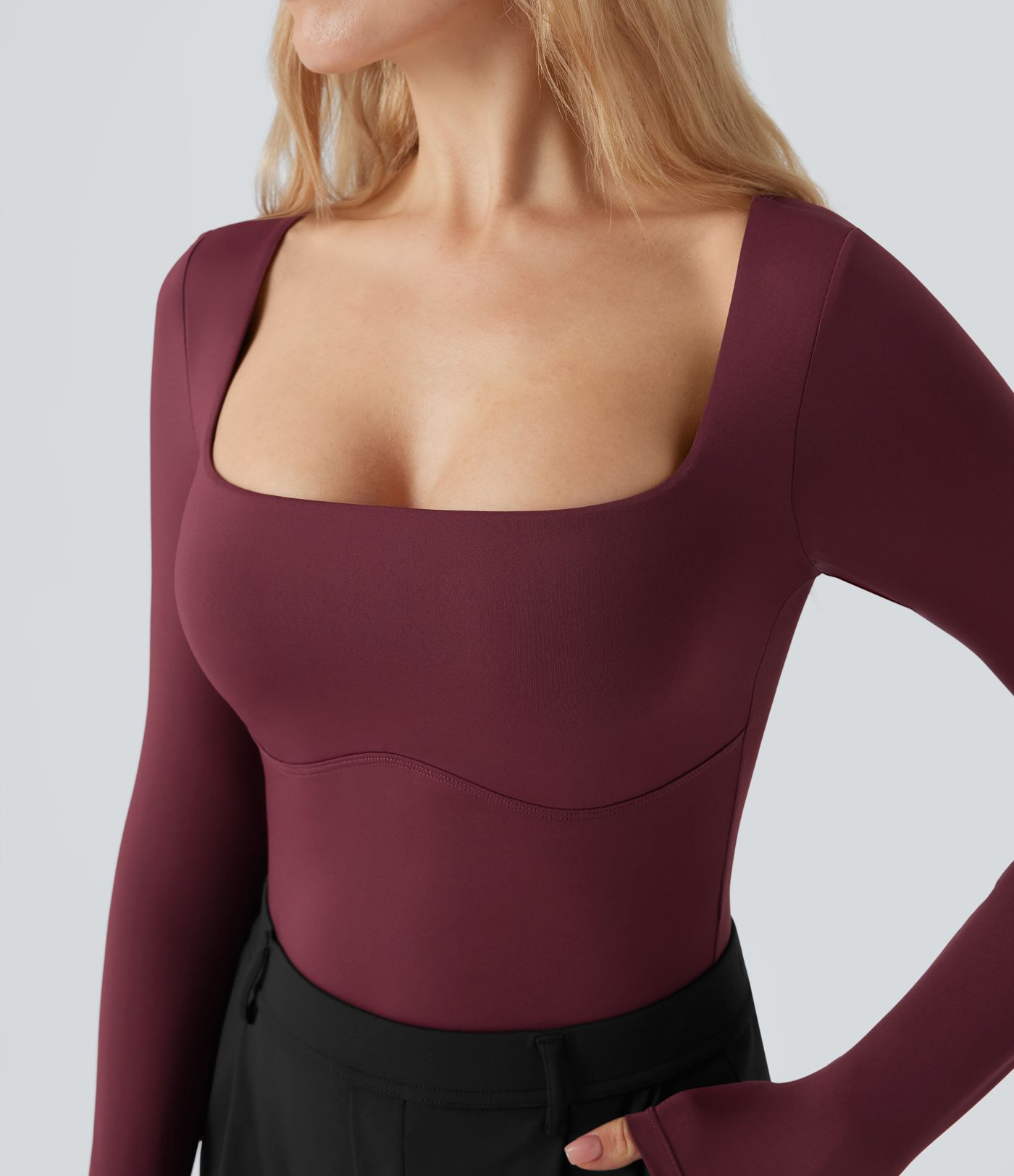 Square Neck Long Sleeve Built-in Bra Skinny Work Bodysuit