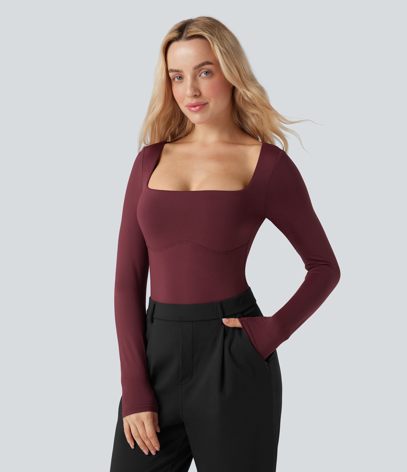 Square Neck Long Sleeve Built-in Bra Skinny Work Bodysuit