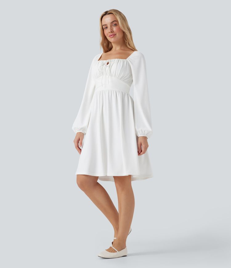 Square Neck Long Sleeve Lace Up Corset Tie Back Mini Casual Dress