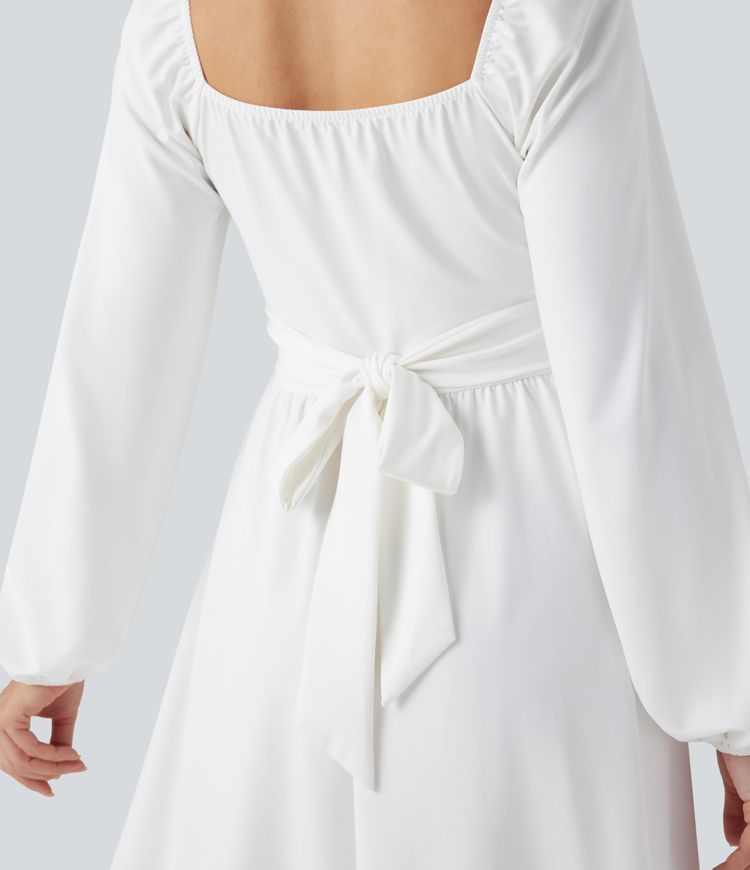 Square Neck Long Sleeve Lace Up Corset Tie Back Mini Casual Dress