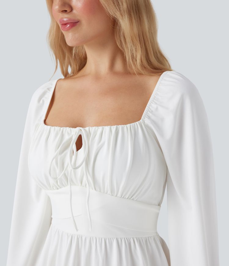 Square Neck Long Sleeve Lace Up Corset Tie Back Mini Casual Dress