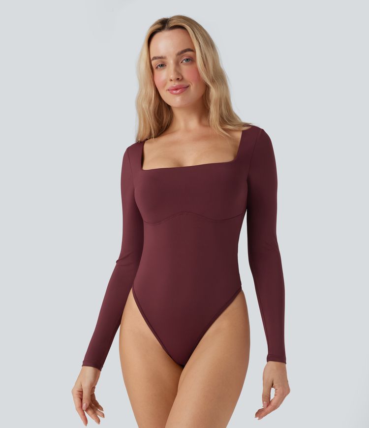 Square Neck Long Sleeve Built-in Bra Skinny Work Bodysuit