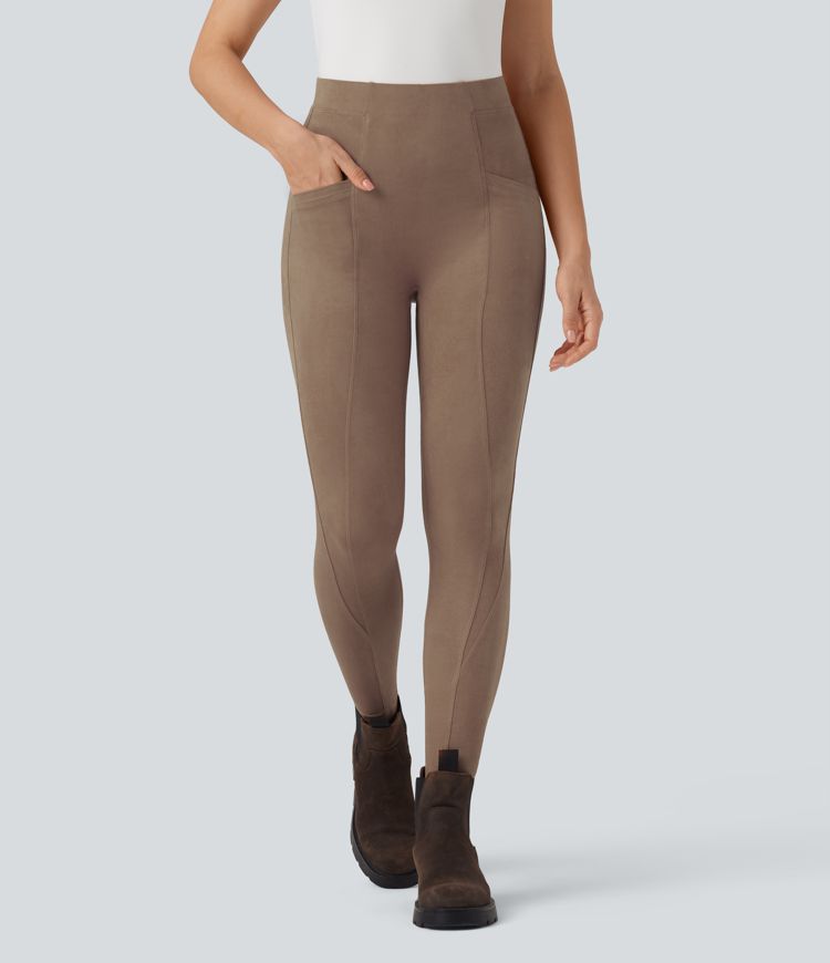 Coca Mocha High Waisted Tummy Control Suede 7/8 Casual Leggings with Pockets / 1