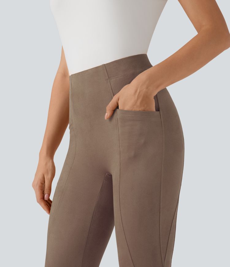 High Waisted Tummy Control Suede 7/8 Casual Leggings with Pockets