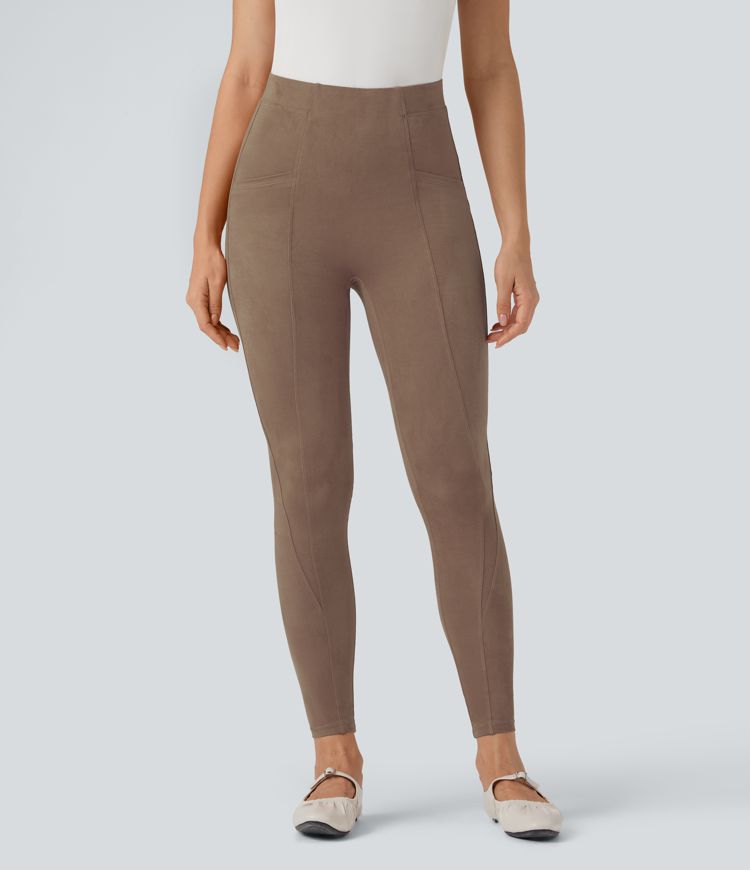 High Waisted Tummy Control Suede 7/8 Casual Leggings with Pockets
