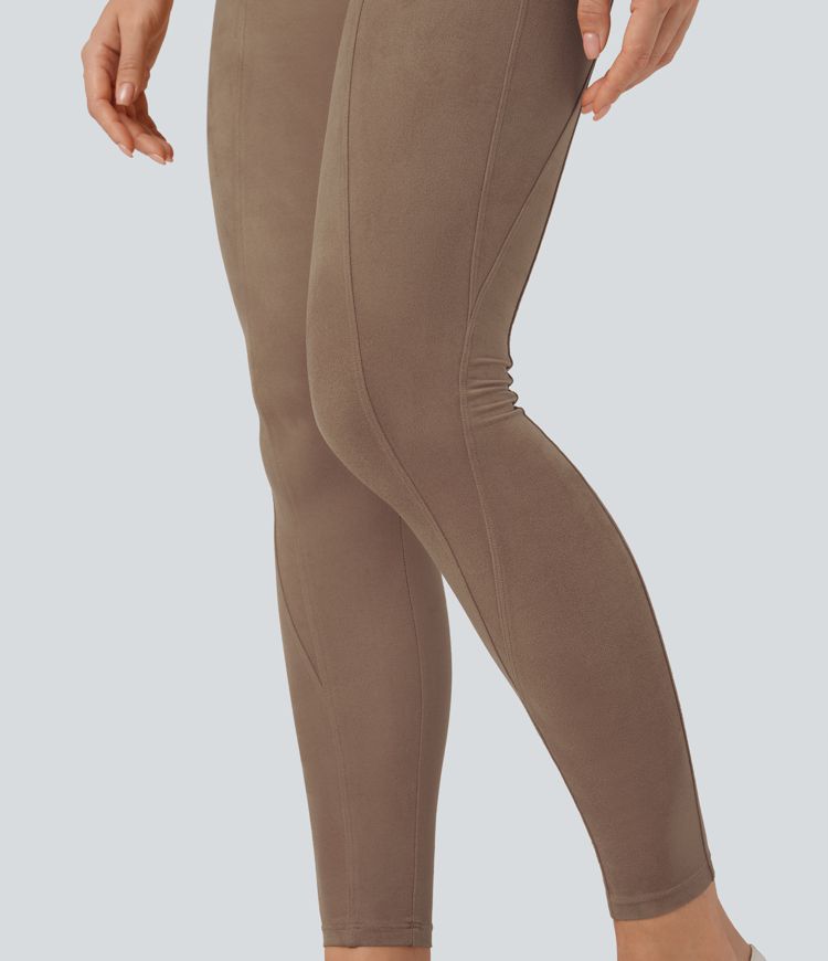 High Waisted Tummy Control Suede 7/8 Casual Leggings with Pockets