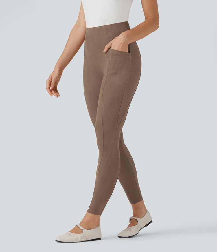High Waisted Tummy Control Suede 7/8 Casual Leggings with Pockets