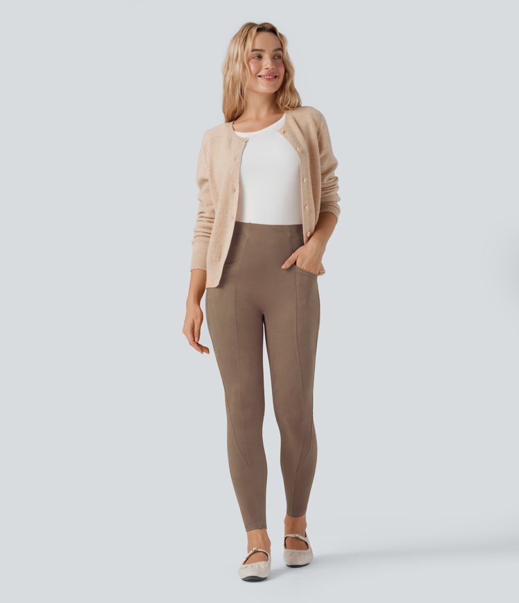 High Waisted Tummy Control Suede 7/8 Casual Leggings with Pockets