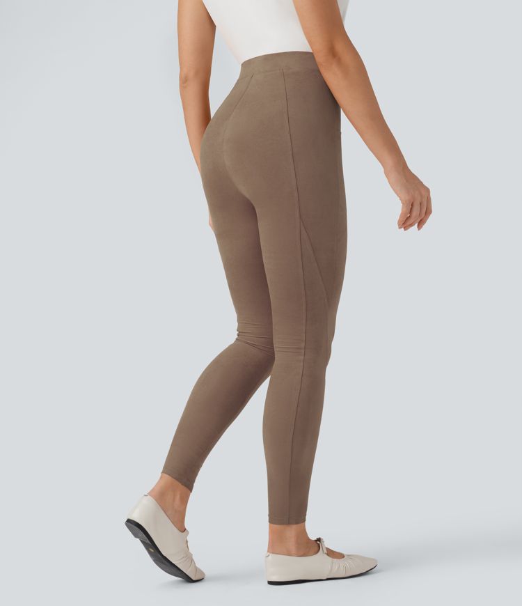 High Waisted Tummy Control Suede 7/8 Casual Leggings with Pockets